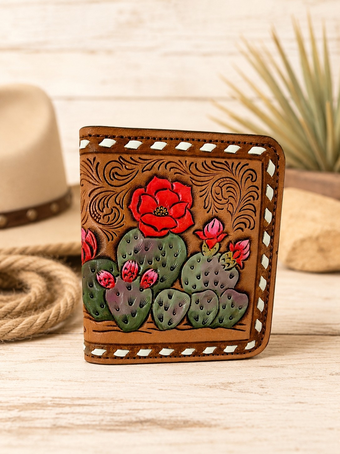 Hand-Tooled Leather Wallet With Cactus & Red Flower